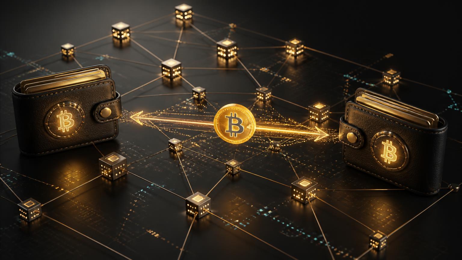 A Bitcoin transaction moving between two wallets through network nodes